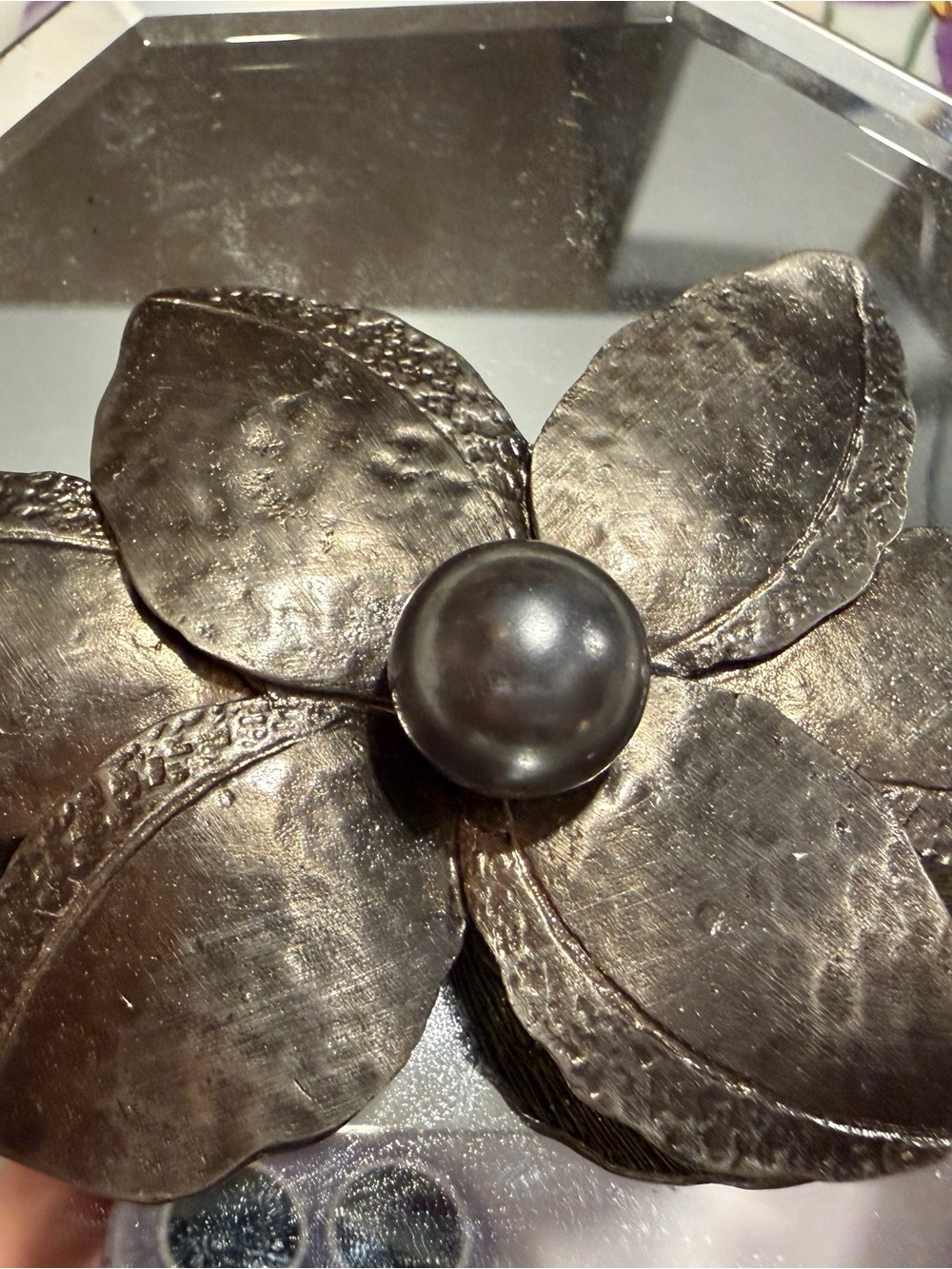 Pewter Metal Flower Brooch with Dark Pearl Center